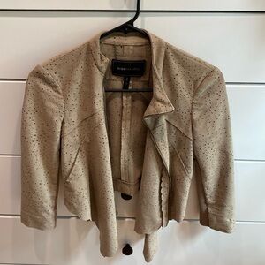 BCBGMaxazria tan suede feel/textured 3-quarter sleeve with zipper jacket